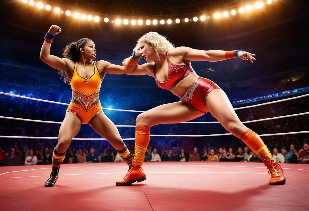 A dynamic collage showcasing iconic moments in women's wrestling, featuring powerful female wrestlers in vibrant costumes, executing athletic moves in a colorful wrestling ring. The background should blend elements of spotlight illumination and cheering crowds, emphasizing their journey from the ring to fame. Include a golden championship belt symbolizing success and achievement. The overall atmosphere should be energetic and celebratory. super-realistic. vibrant colors. dramatic lighting.