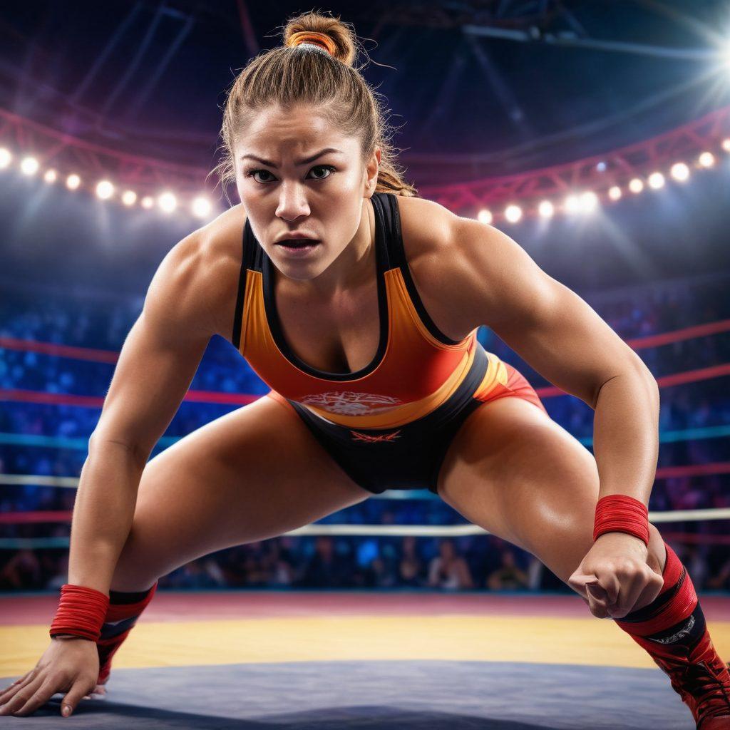 A powerful female wrestler in mid-action pose, displaying strength and determination in a vibrant wrestling arena. The background features diverse female wrestlers of various ethnicities, showcasing their unique styles and gear, while the audience is captivated by their performance. Bright lights illuminate the scene, emphasizing empowerment and breaking barriers in sports. super-realistic. vibrant colors. dynamic composition.